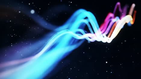 bright, colorful light waves flow rapidly through a dark, cosmic space, creating an energetic and mesmerizing visual effect. the vibrant colors blend seamlessly, evoking a sense of movement.