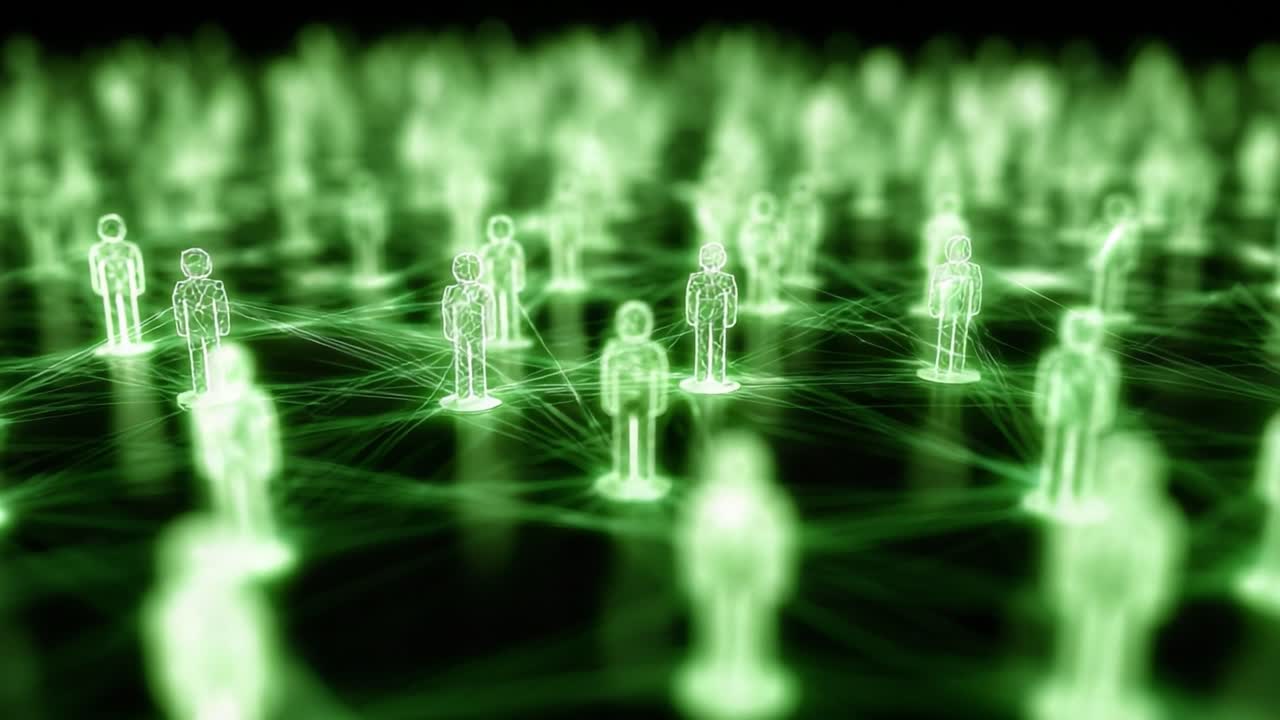 A Network of Digital Personas: Ethereal Green Figures Connected Across a Virtual Space Representing Social Interactions and Technology in the Modern World