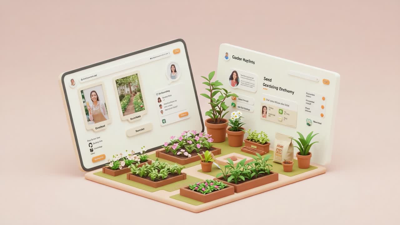A Vibrant Virtual Garden Showcasing Plant Care Features with User Profiles and a Diverse Array of Lush Greenery for Plant Enthusiasts and Hobbyists