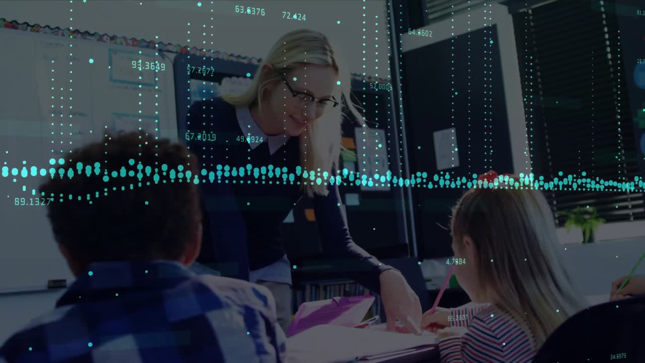 Animation of data processing over diverse schoolchildren in classroom