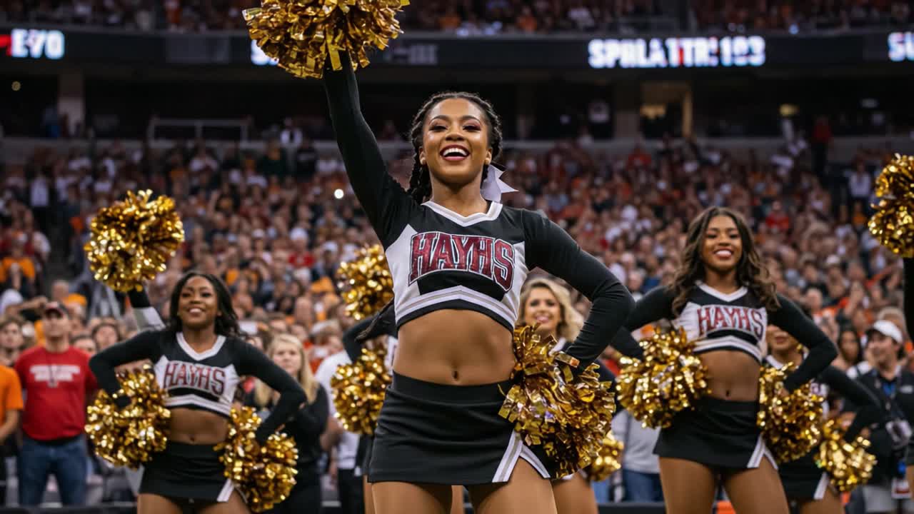 Dynamic Cheerleaders Perform in Synchronization, Energizing the Crowd with Gold Pom-Poms During an Exciting Sports Event, Showcasing Team Spirit and Enthusiasm