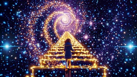 una mujer con cabello largo y un abrigo azul está subiendo una escalera dorada que conduce a una galaxia giratoria en un cielo estrellado, creando un visual hipnotizante