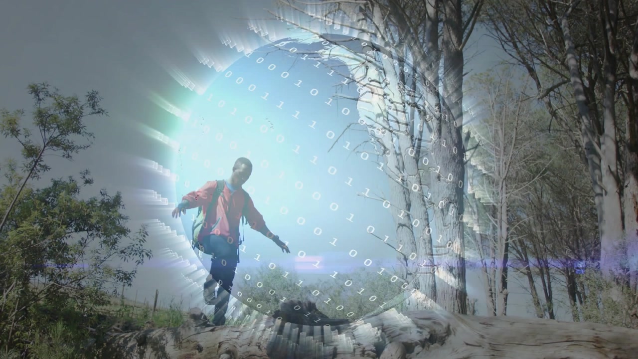 Male hiker planting on rocks, stepping and balancing for stability, pulsing tech globe sweeping him