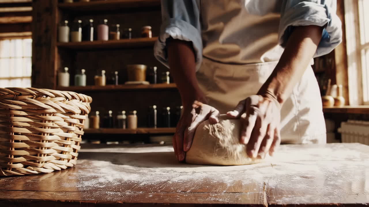 Person kneading dough in a rustic kitchen