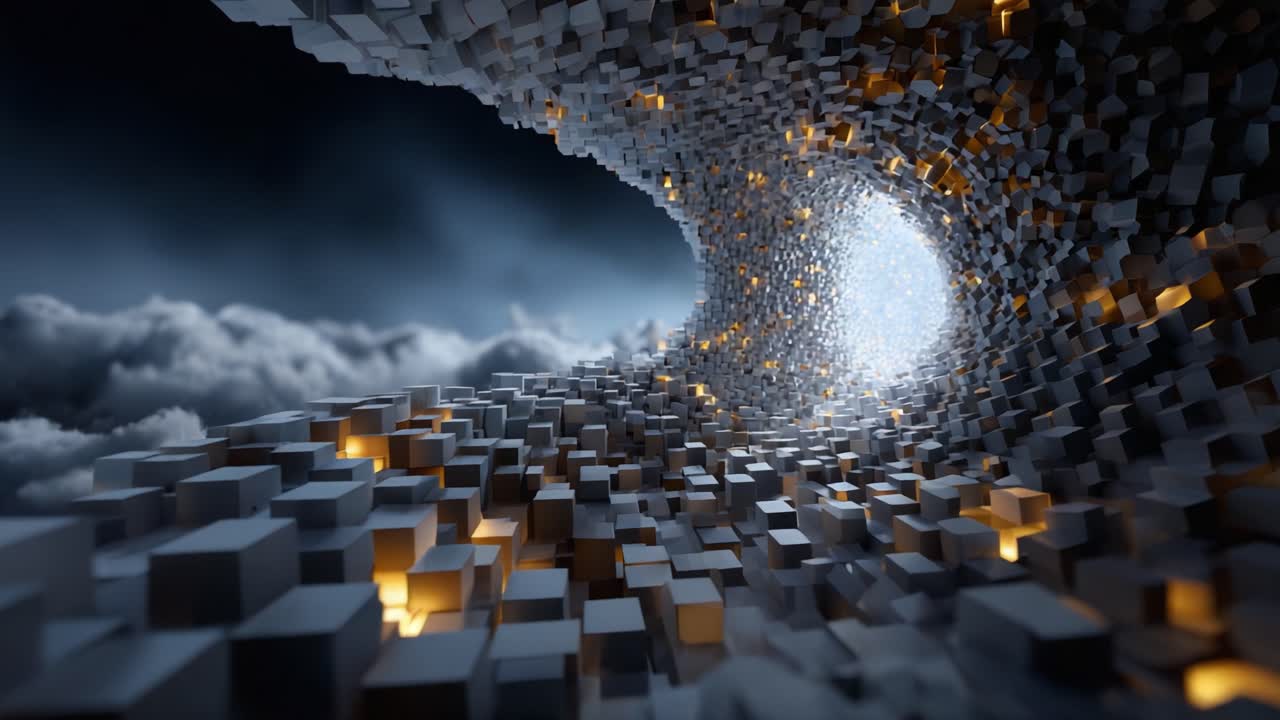 Exploring a Unique Abstract Structure: A Dynamic Perspective of a Glowing Tunnel Composed of Interconnected Cubes Against a Dramatic Sky Background