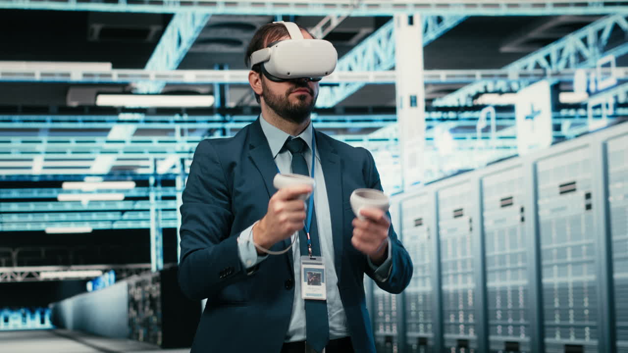 Businessman Using VR Headset and Controllers in a Data Center