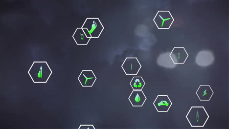 animación de los iconos eco procesamiento de datos sobre las luces de la ciudad fuera de enfoque