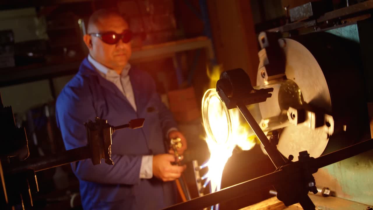 Front view of male worker creating glass in glass factory 4k
