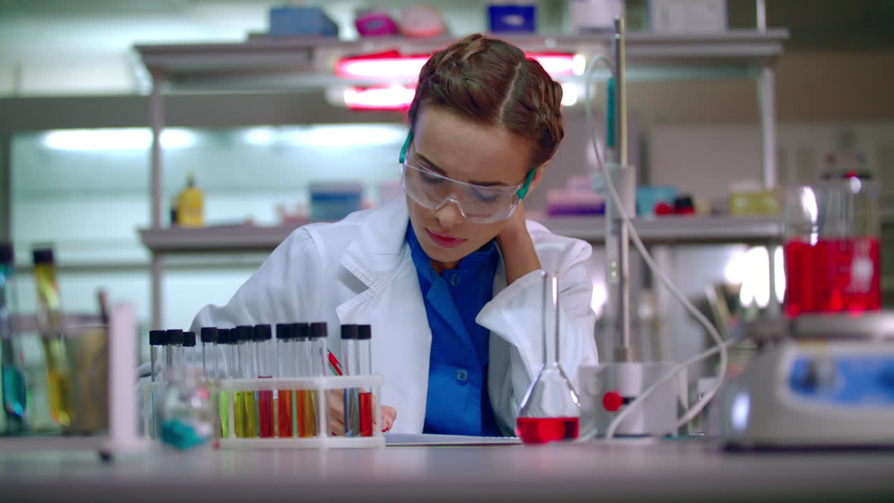 investigadora escribiendo un informe de investigación en un laboratorio moderno