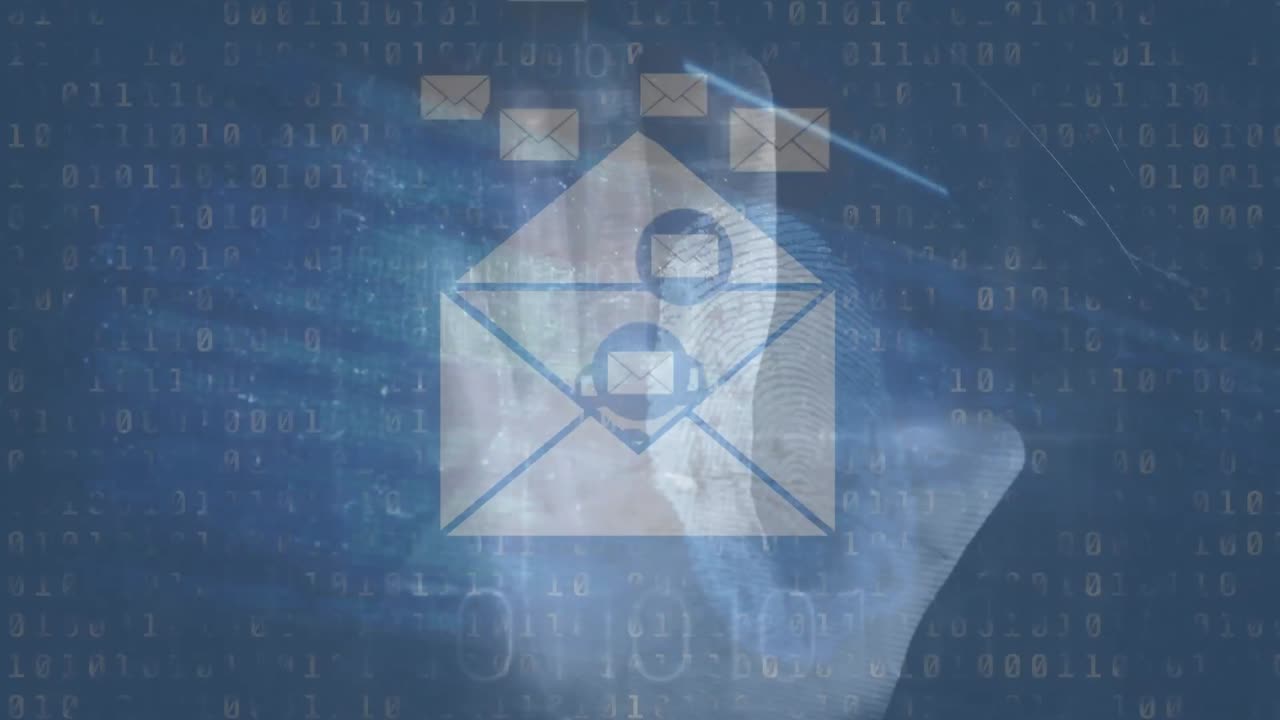 Animation of security warning text over envelope icon, hand and data processing