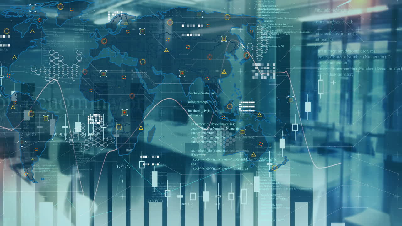 Global financial data and analytics animation over business office background
