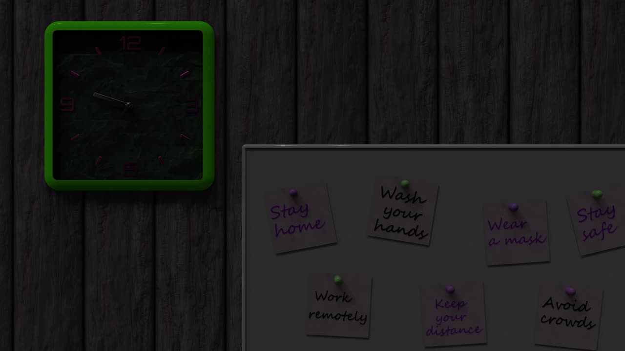 3d looped animation of day and night changes. A clock and an information board with notes on the wall. Time moving concept during quarantine. Important information about protection against coronavirus
