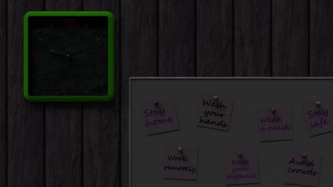 3d looped animation of day and night changes. a clock and an information board with notes on the wall. time moving concept during quarantine. important information about protection against coronavirus