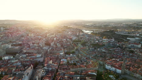 high aerial establishing shot of porto, portugal. beautiful city wiith houses and landmarks