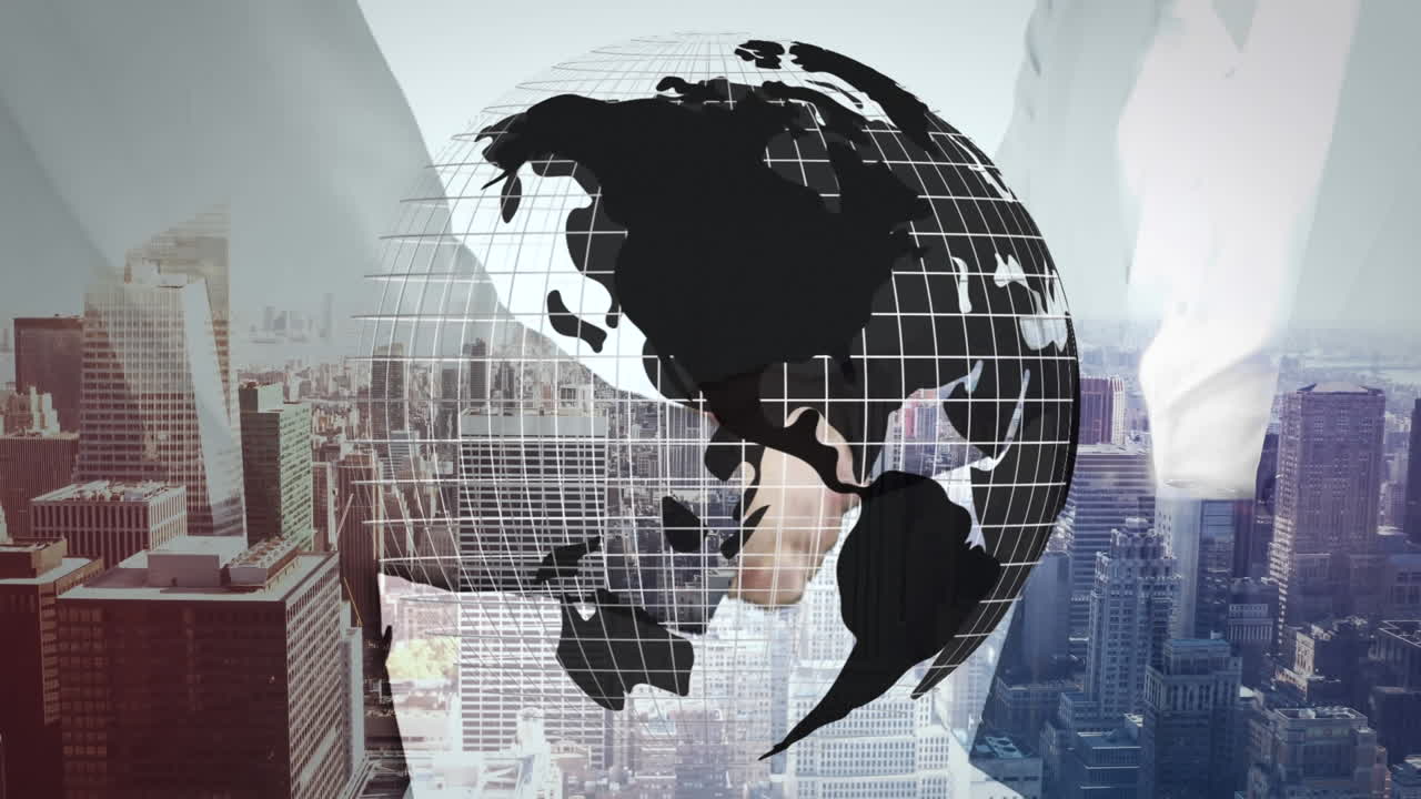 animación del globo sobre el apretón de manos del hombre de negocios