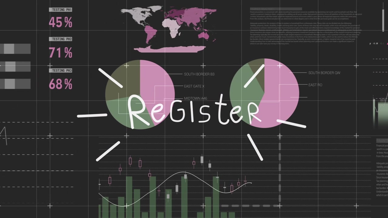 Animation of register text and data processing on black background