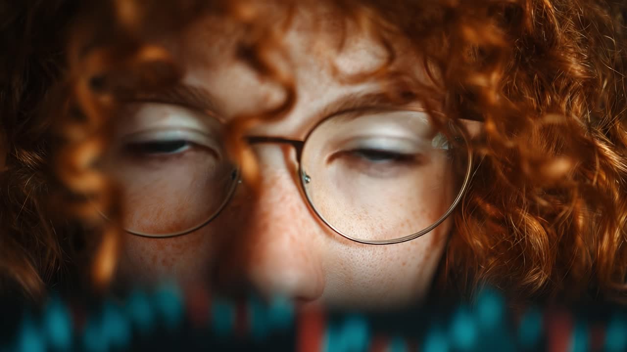 A Close-Up of a Young Person with Curly Red Hair and Glasses, Engaged in Deep Focus, Observing Data Visualizations on a Screen, Portraying Concentration and Curiosity