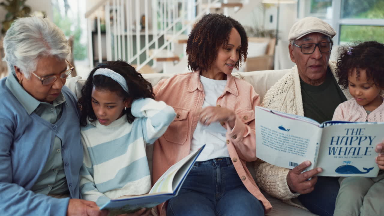 A multigenerational family enjoys reading a book together