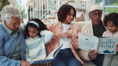 a multigenerational family enjoys reading a book together