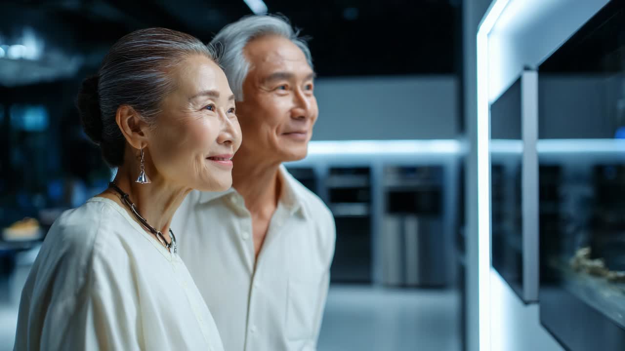 A couple admiring art together in a well-lit gallery exhibit, sharing a joyful moment of appreciation for creativity while enjoying each other's company amidst modern surroundings