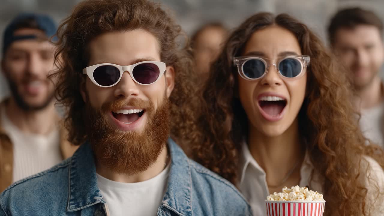 Excited Friends Enjoy Movie Night with Popcorn and Sunglasses in a Fun Group Atmosphere, Celebrating Together in a Joyful Moment