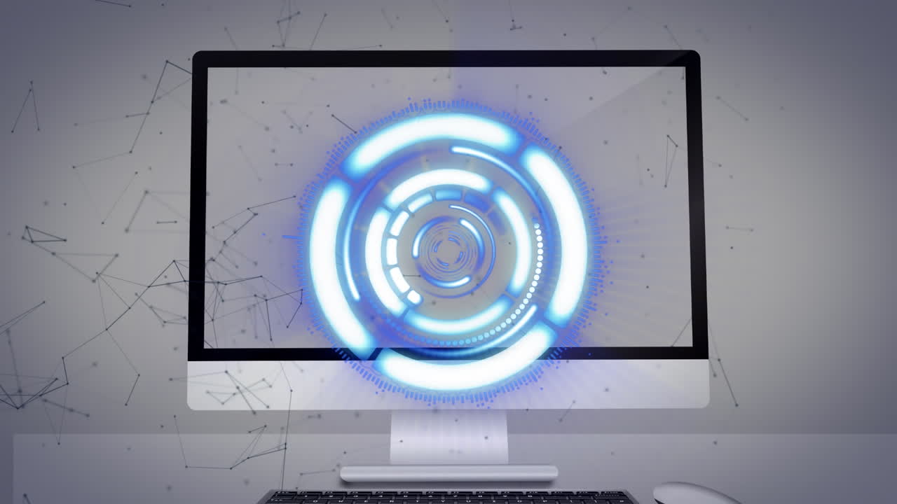 회색 배경에 컴퓨터 화면을 통해 범위 스캔과 연결 네트워크의 애니메이션