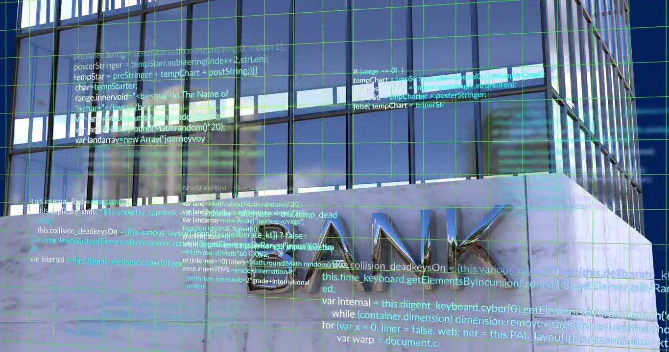 Modern Bank Building with Digital Data and Grid Overlay