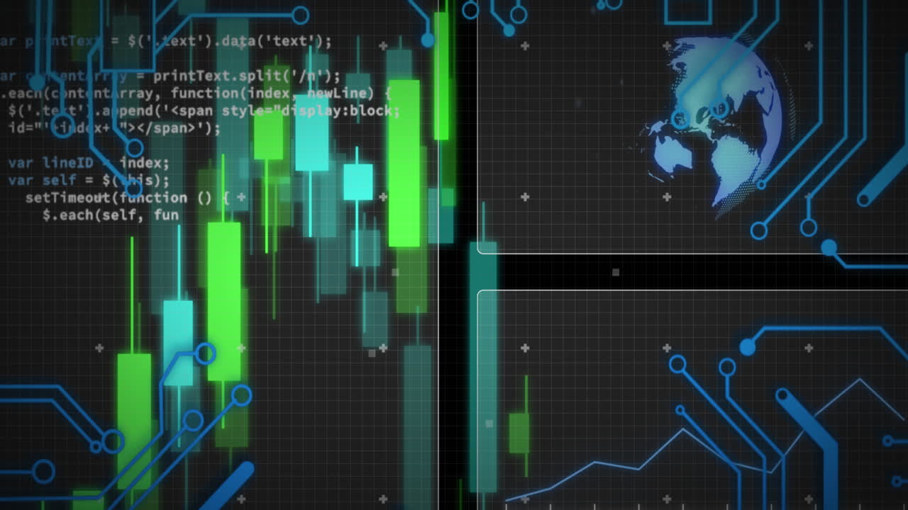 Animation of computer circuit board over data processing on black background