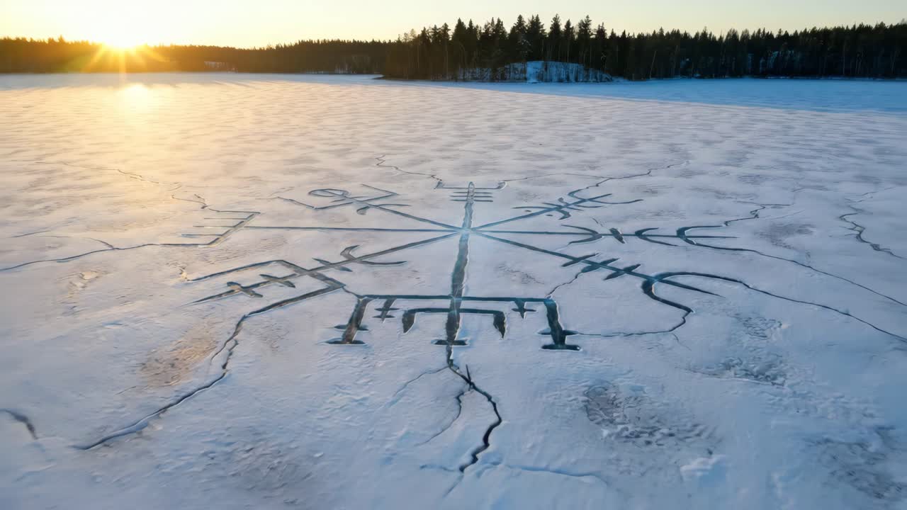 Mystický runový symbol zářící na zamrzlém jezeře při západu slunce