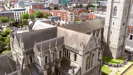 View-over-St-Patrick's-Cathedral-in-Dublin,-Ireland---Aerial-Reveal
