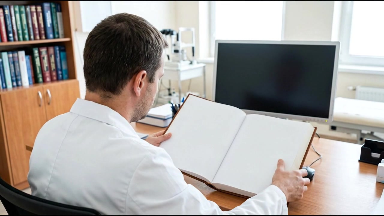 Medico che digita sul laptop vicino a un libro aperto sulla scrivania, video orizzontale 16:9