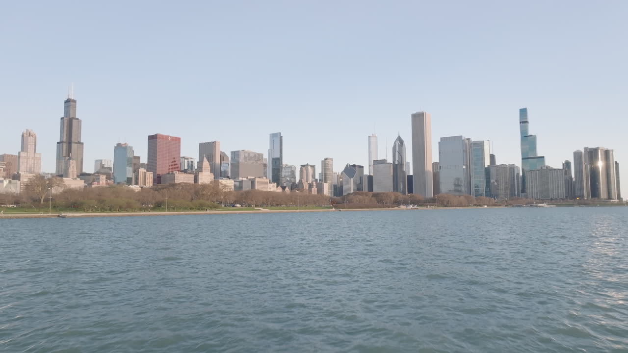 Aerial view of Chicago and Lake Michigan at sunrise