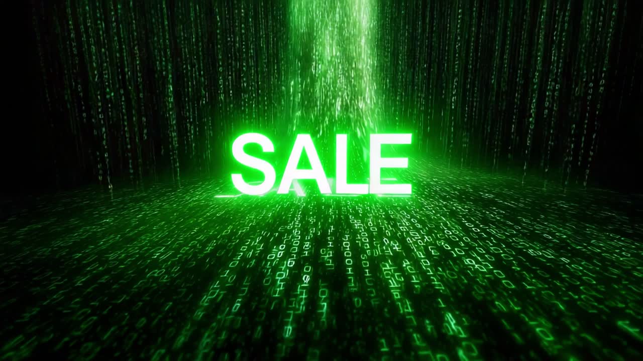 Captivating Digital Sale Promotion Featuring a Stream of Green Code and a Bold Sale Message, Eliciting Excitement and Urging Engagement in a High-Tech Virtual Environment