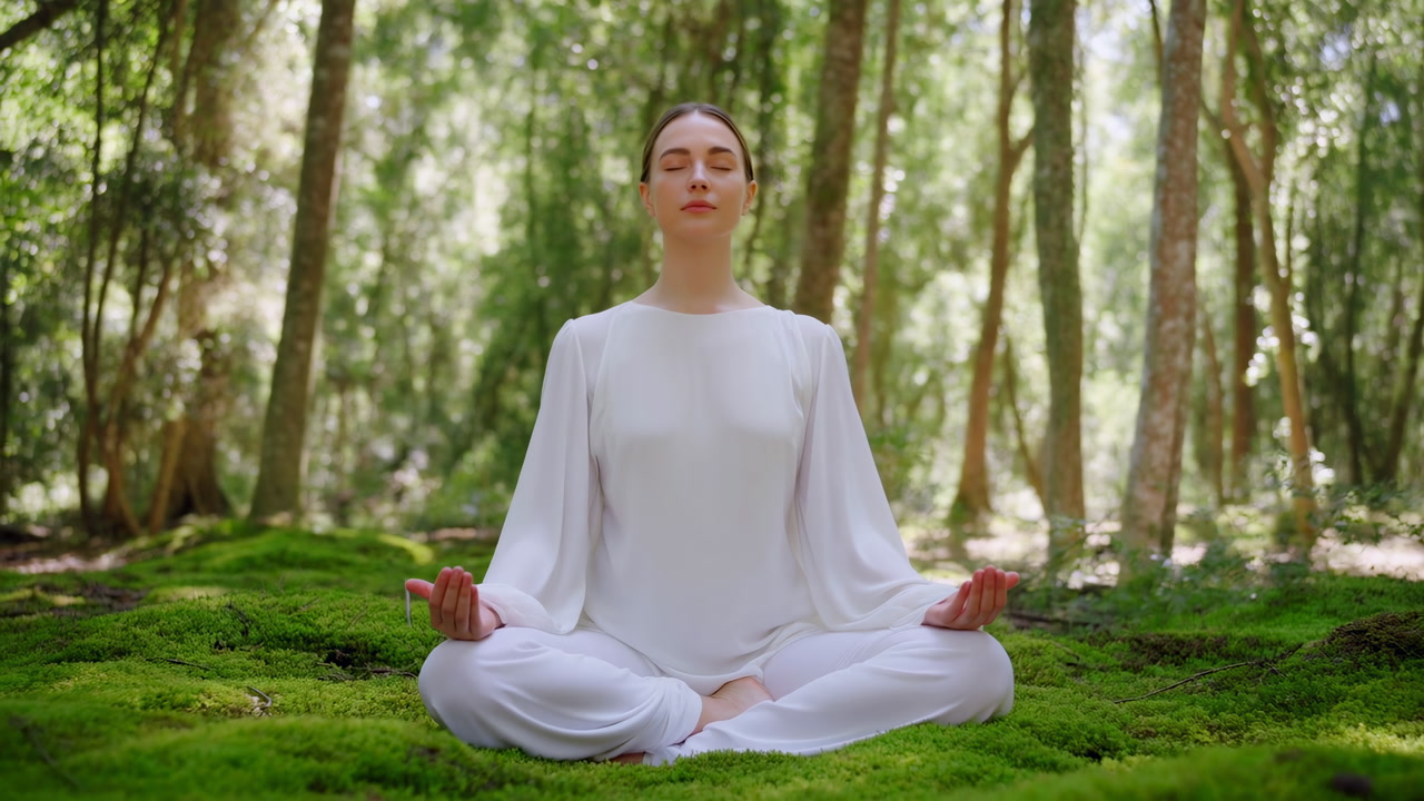 Woman Meditating In Forest Clearing With Soft Sunlight Filtering Through Tall Trees, Sitting Crosslegged