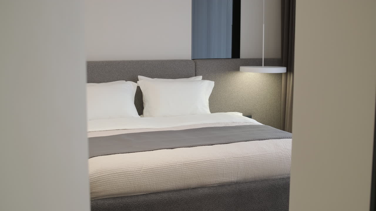 Tempat Tidur Modern dengan Bantal Putih dan Selimut Abu-abu di Kamar Tidur Bersih