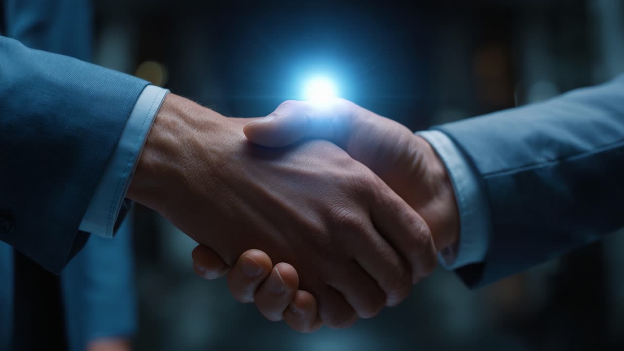A Confident Handshake Symbolizing Trust and Partnership in a Professional Setting, Highlighted by a Soft Blue Light Enhancing the Moment of Agreement
