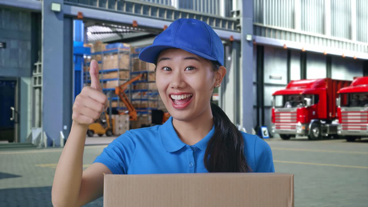Close Up Of Asian Female Courier In Blue Uniform Showing Thumbs Up Gesture And Smiling While Delivering A Carton, Outside Warehouse