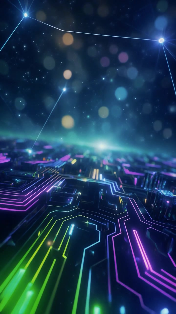 Abstract Digital Circuit Board with Glowing Data Streams