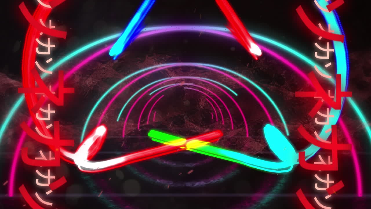 animación de senderos de luz azul, verde y rojo con escritura asiática y arcos de neón sobre fondo negro