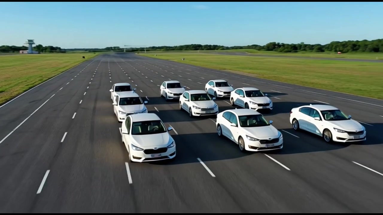 Grupo de sedanes blancos conduciendo en formación en una pista de aeropuerto