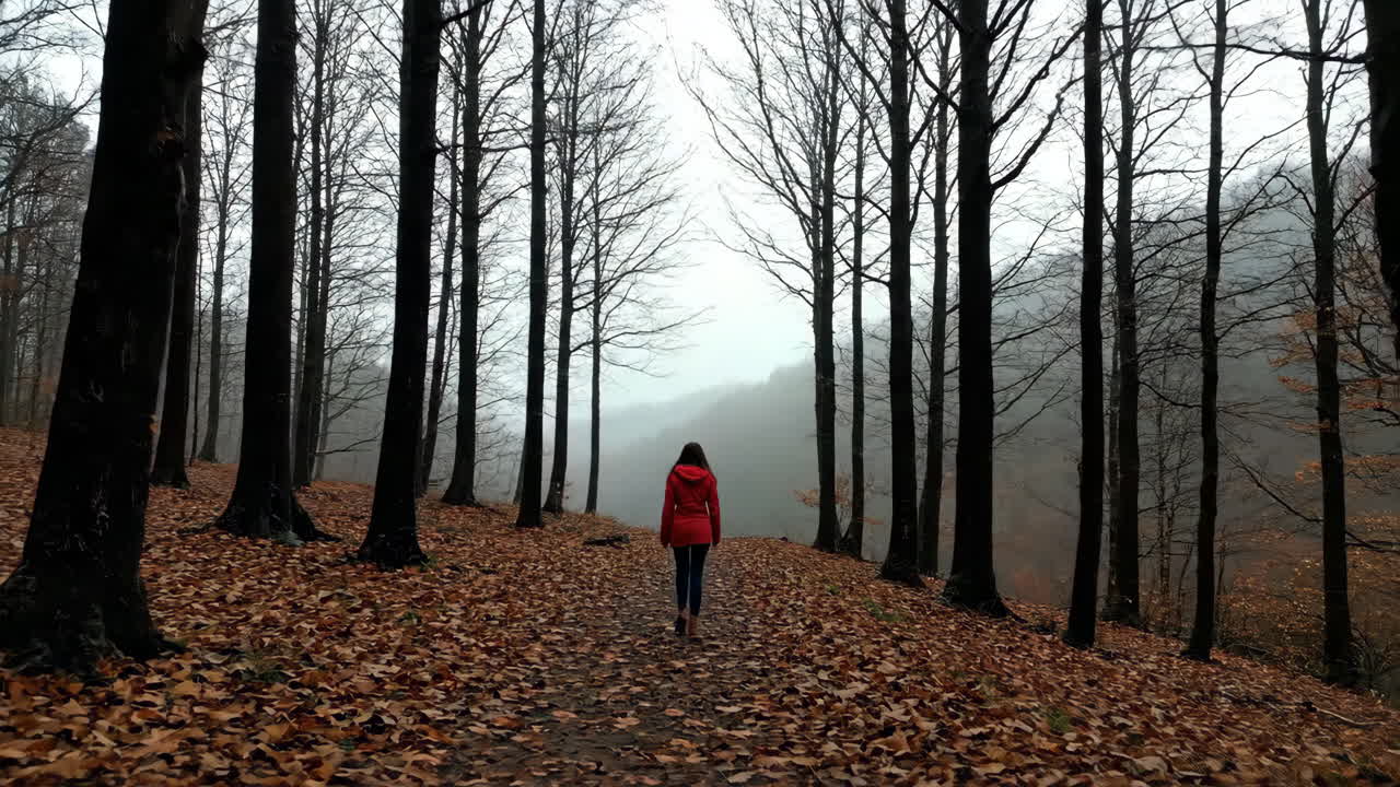 Woman Walking on a Forest Path in Autumn