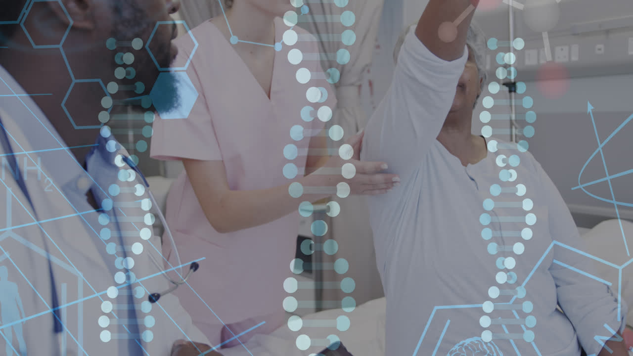 다양한 여성 환자와 치료하는 의사에 대한 dna 줄무와 화학 공식의 애니메이션