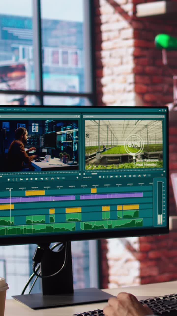 Vertical video Man using mouse to edit movie project footage in apartment home office