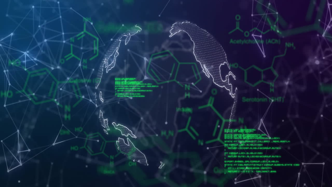 화학적 공식과 지구에 대한 데이터 처리의 애니메이션