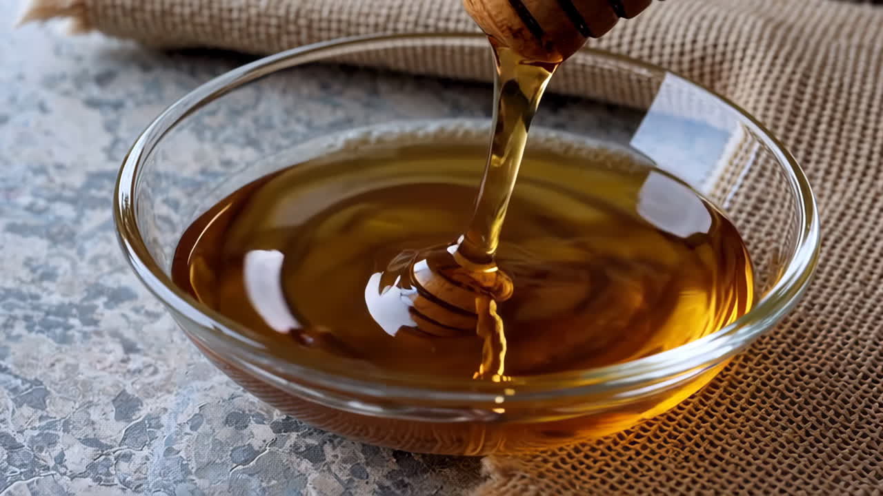 Miele versato in una ciotola di vetro
