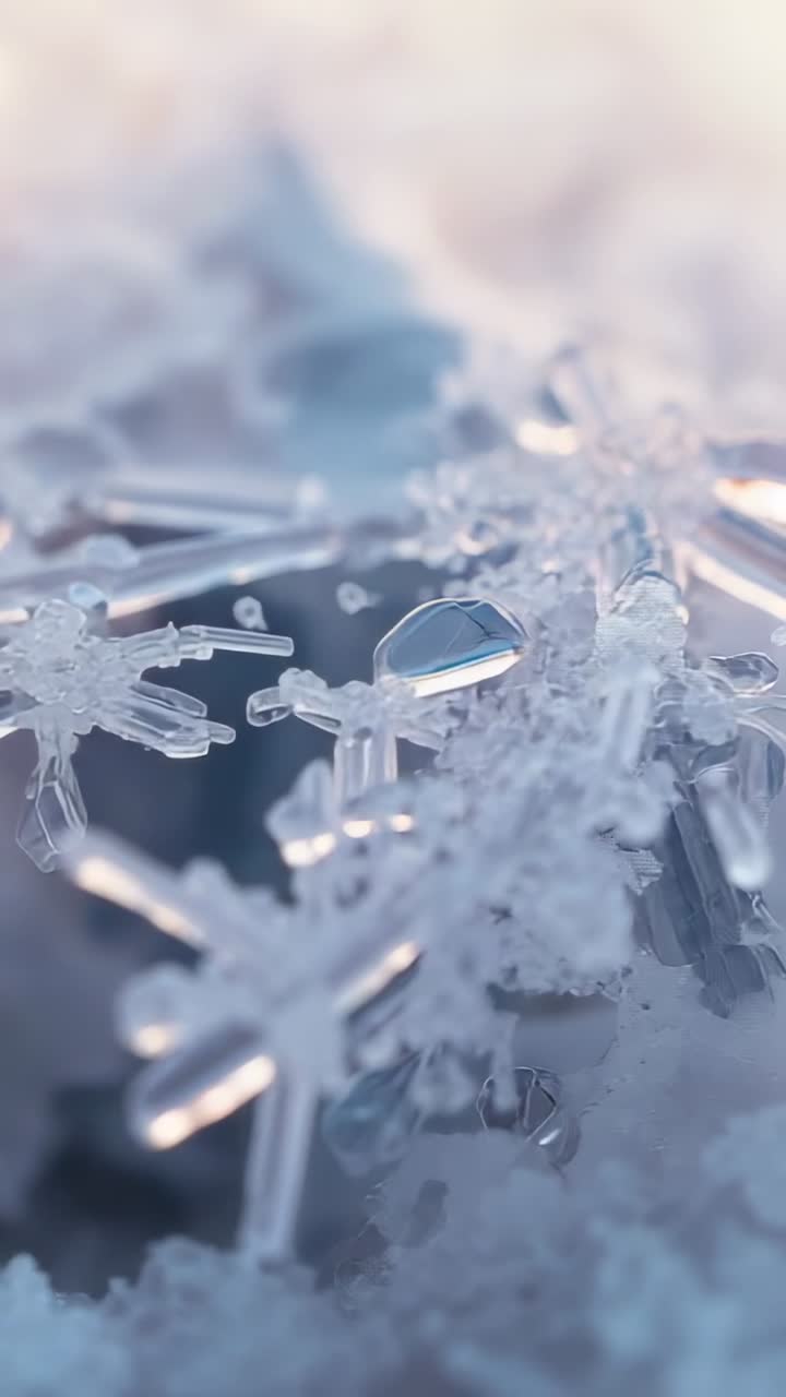Vertical video: Camera opening macro view, gliding across frost, showing ice crystals and droplet