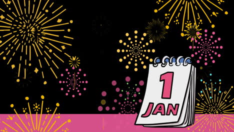 animation of 1 january calendar page and fireworks on black background