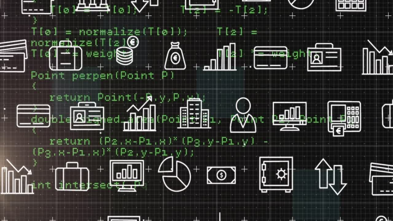Animation of multiple digital icons moving over data processing against black background
