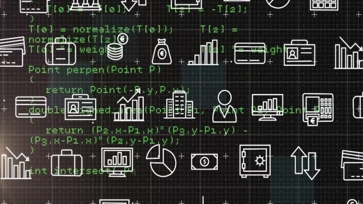 Animation of multiple digital icons moving over data processing against black background