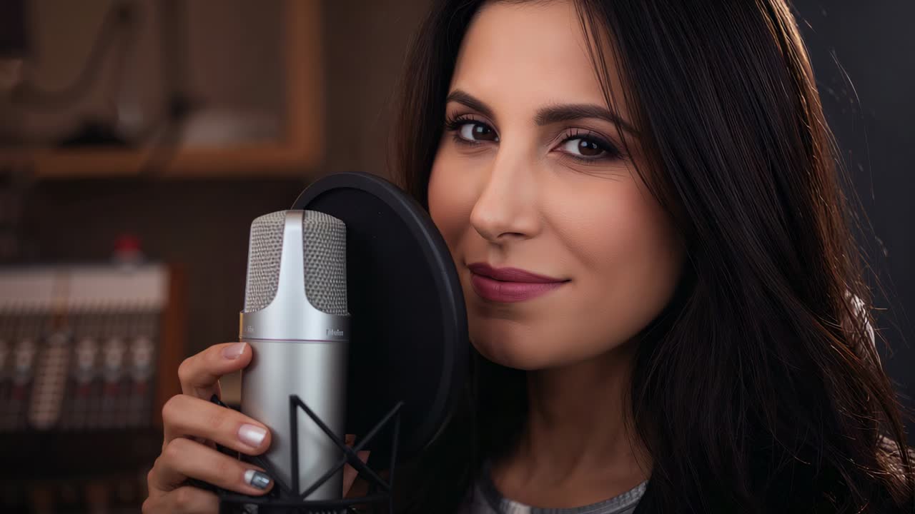 Registrazione di una cantante con top chiaro che tiene un filtro anti-pop, appoggiata a un microfono a condensatore in studio